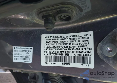 2019 Honda Civic Sport from USA, damaged, VIN 19XFC2F89KE014760